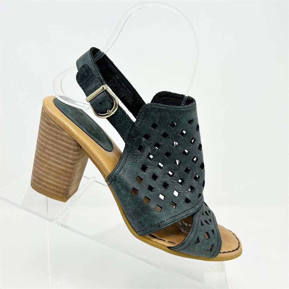 Born Womens Black Blue Perforated Slingback Sandals Block Heel Open Toe Buckle 7